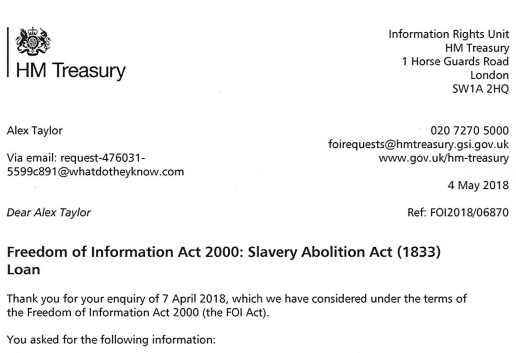 Screen shot of written response by HM Treasury to FOI request